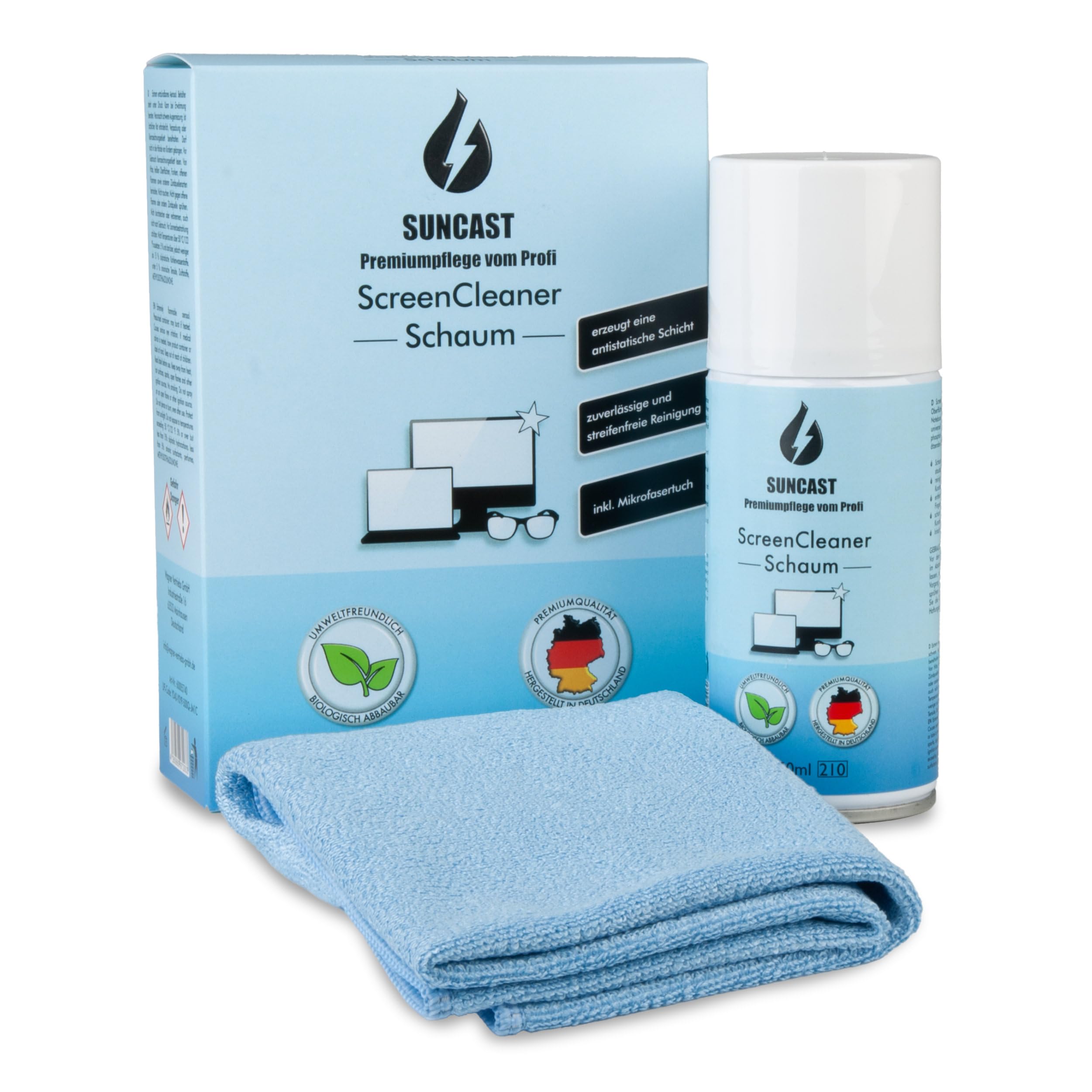 SUNCAST Display Reiniger Set 2x150ml Schaum mit Tuch streifenfrei