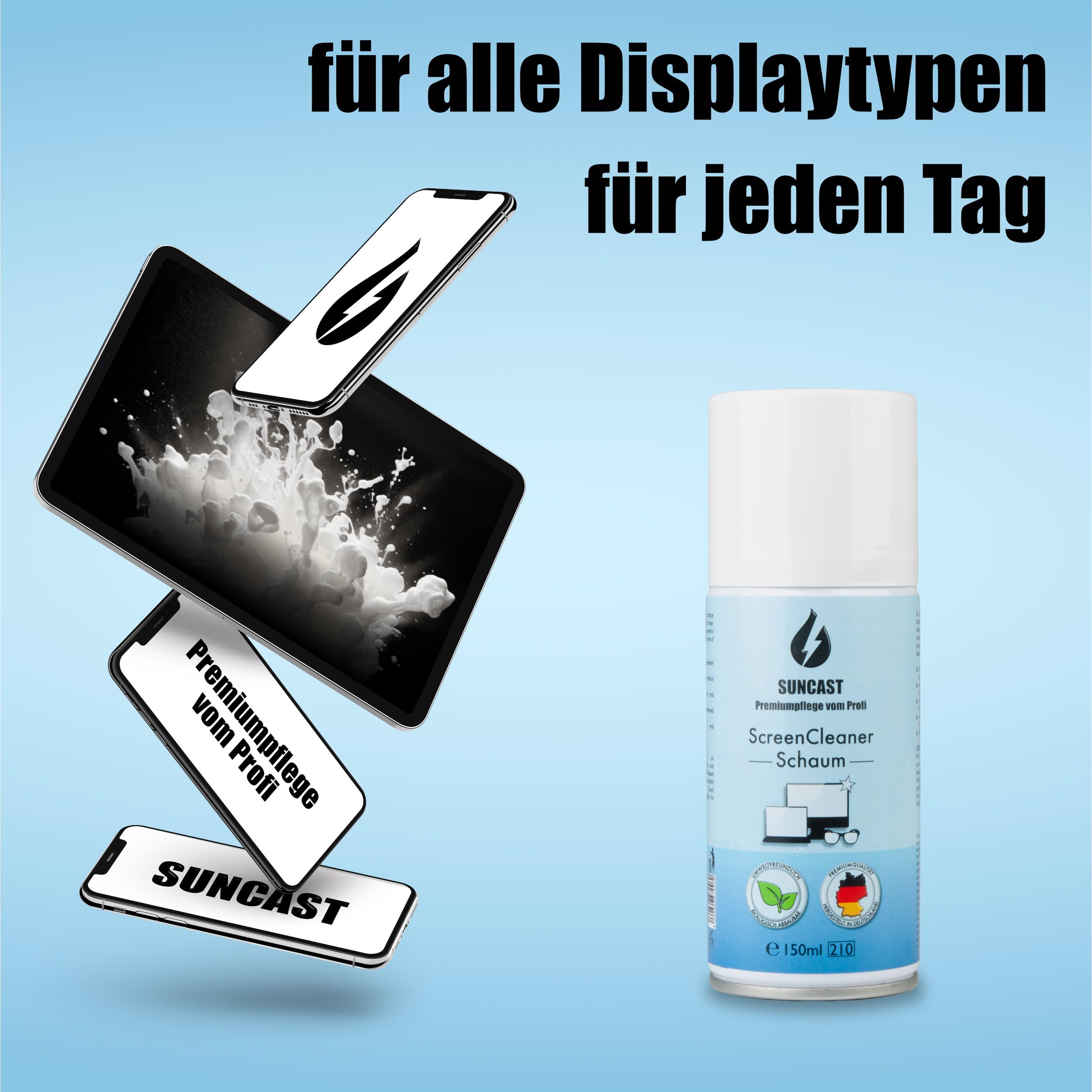 SUNCAST Display Reiniger Set 2x150ml Schaum mit Tuch streifenfrei
