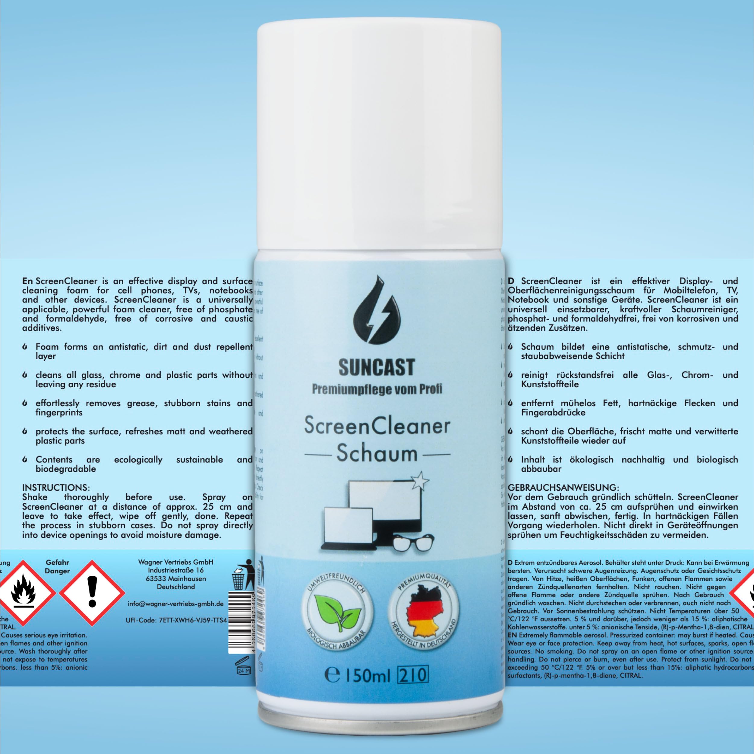 SUNCAST Display Reiniger Set 2x150ml Schaum mit Tuch streifenfrei