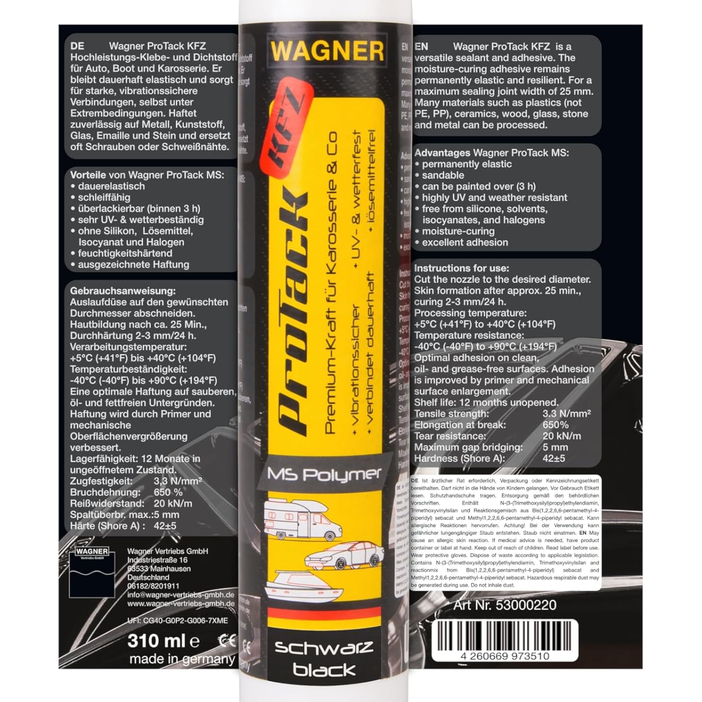 Wagner ProTack KFZ Hochleistungskleber schwarz 310 ml vibrationssicher